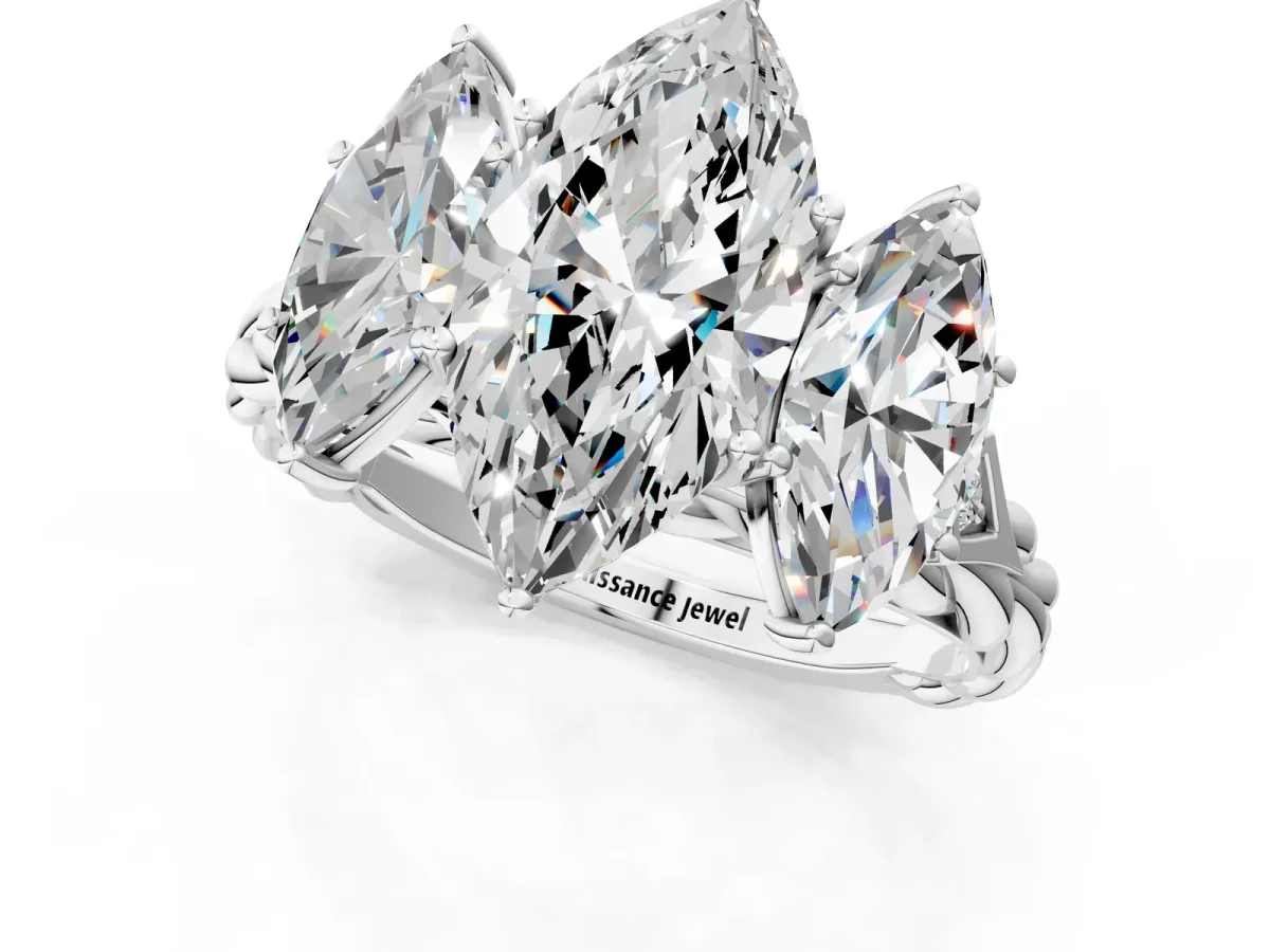 Three-Stone Marquise Cut Diamond Braided Band Ring with Four-Prong Setting White gold