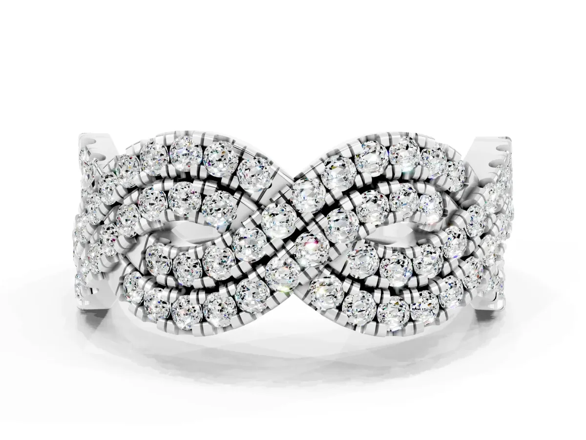 Pavé Round Moissanite Infinity Twist Band with Shared Prong Setting Platinum
