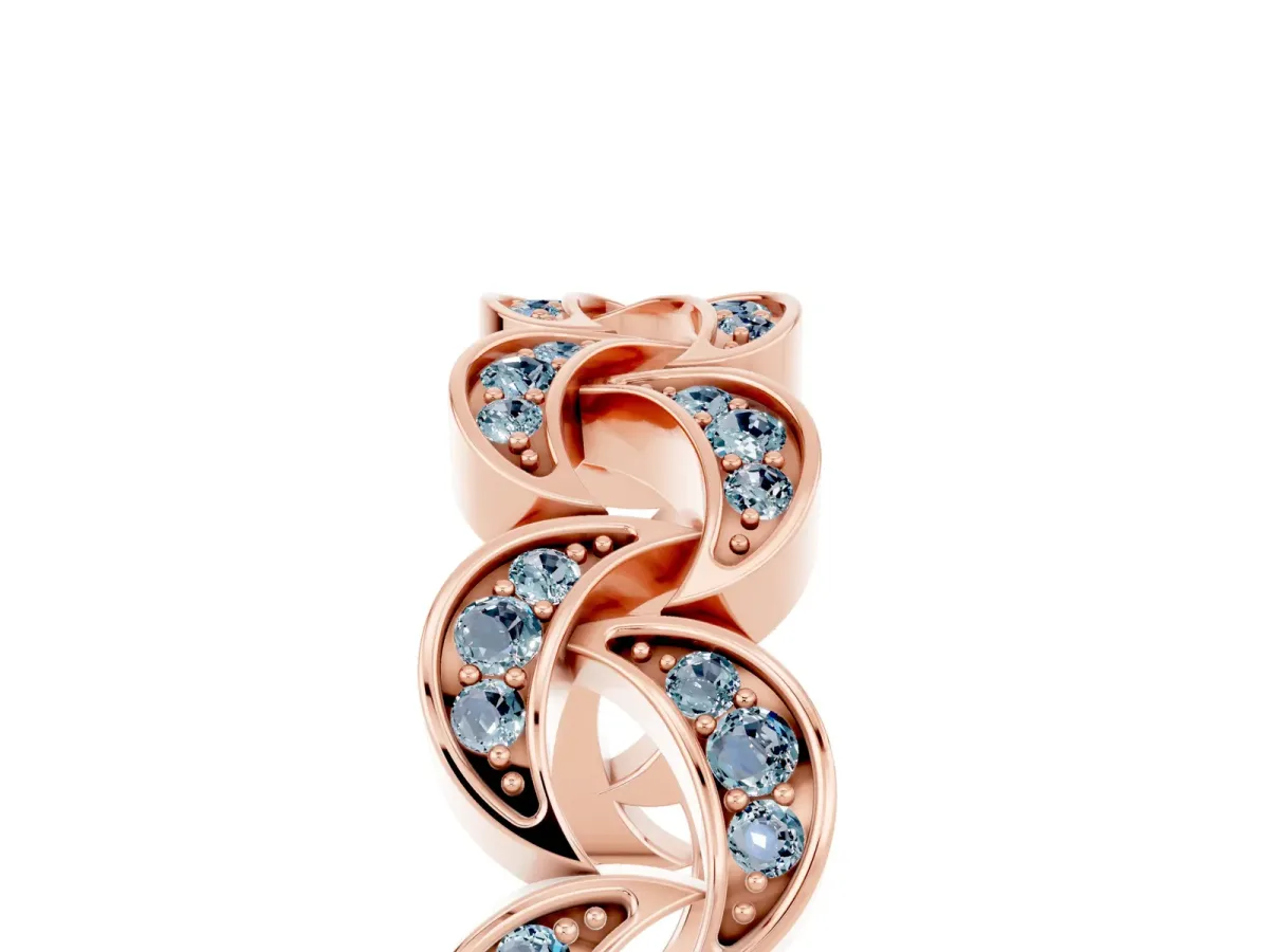 Pavé Round Aquamarine Interlocking Eternity Band with Bezel Prong Setting Rose gold