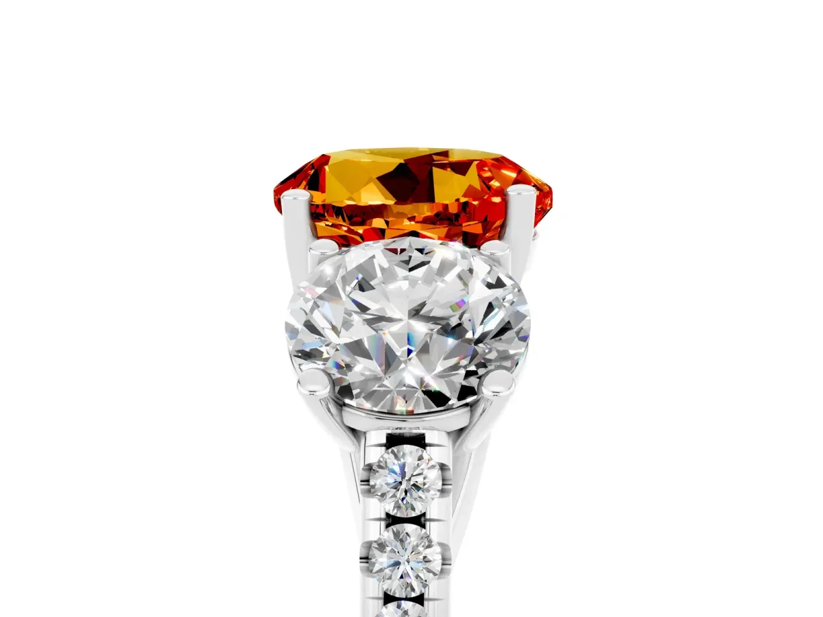 Three-Stone Round Cut Citrine Ring with Round Pavé Band and Prong Setting White gold
