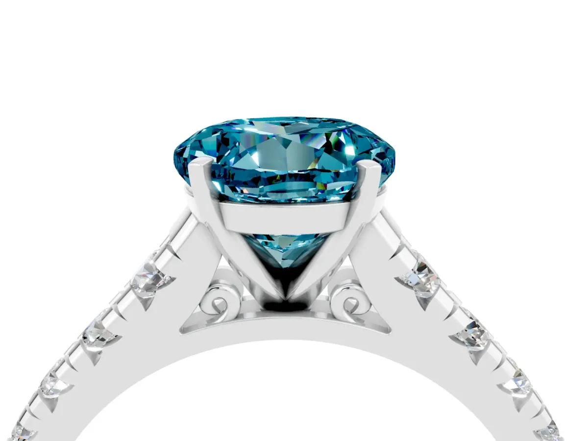 Round Cut Blue Topaz Cathedral Solitaire Ring with Round Pavé Band Silver