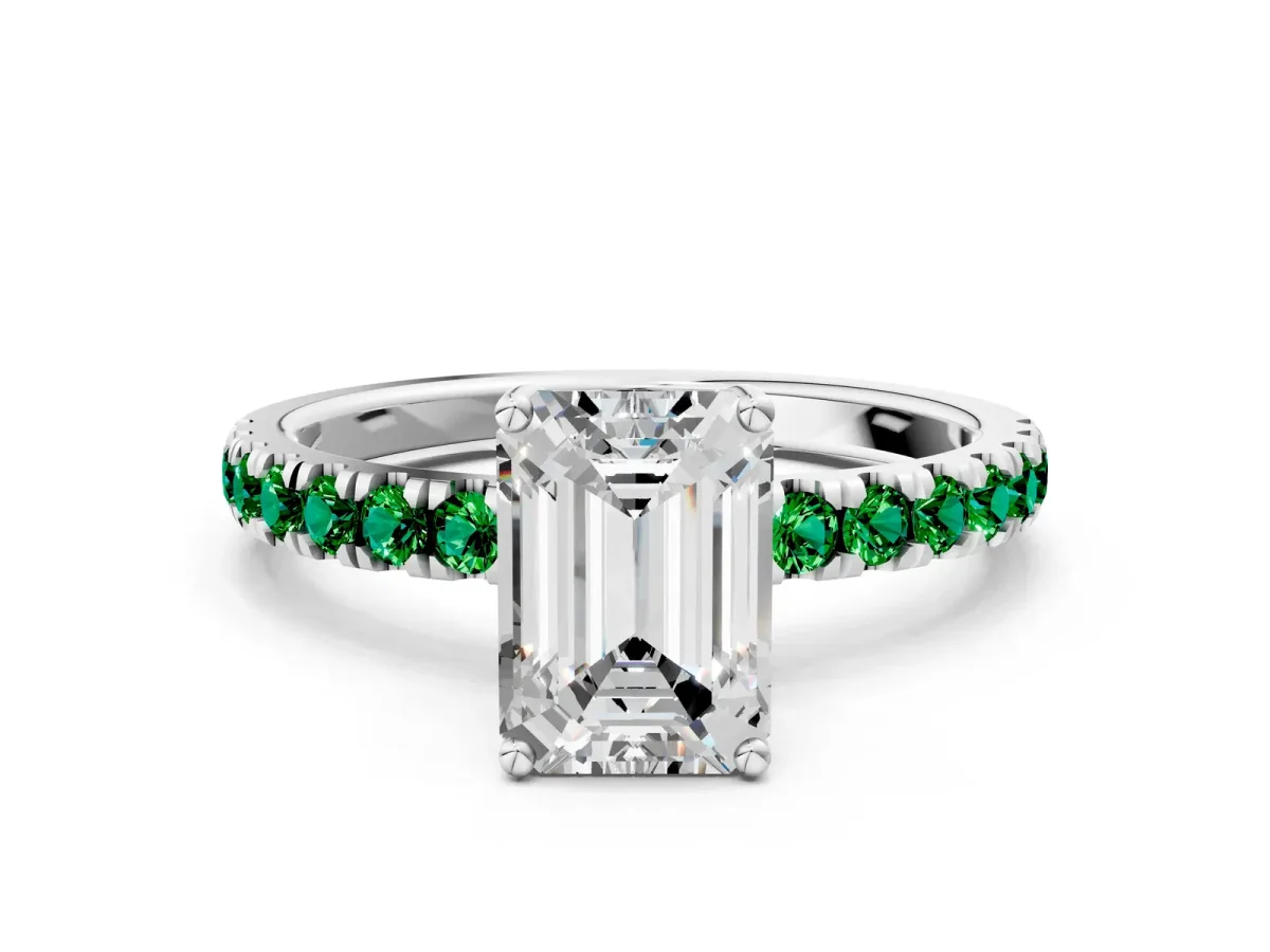 Emerald Cut Diamond Pave Band Solitaire Ring with Round Emerald and Prong Setting Silver