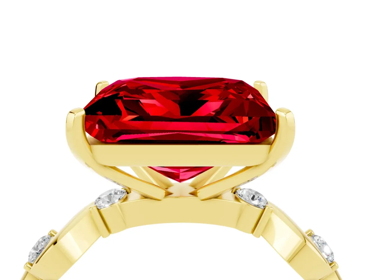 Princess Cut Ruby Solitaire Twisted Band with Round Accents and Prong Setting Yellow gold
