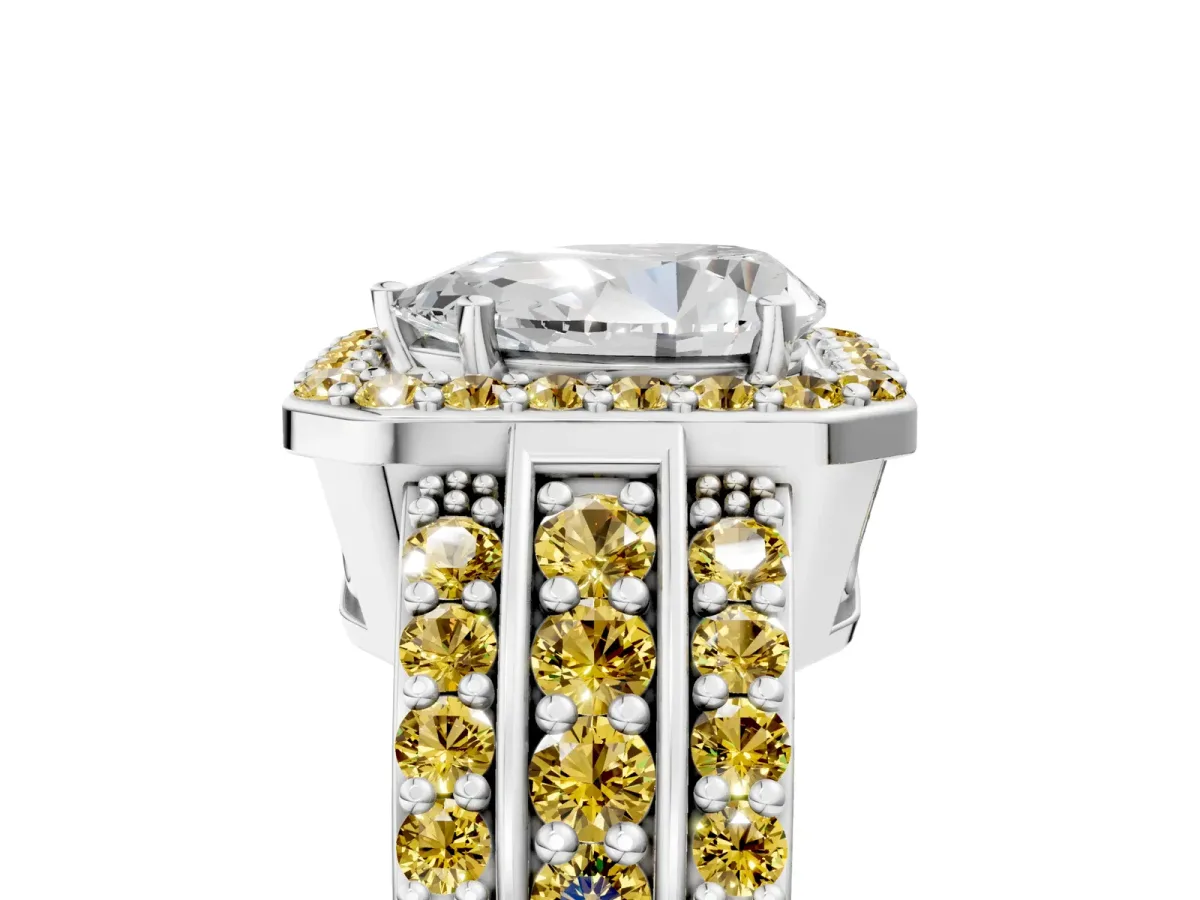 Pear Cut Halo Diamond Ring with Round Yellow Sapphire Split Shank and Prong Setting Silver