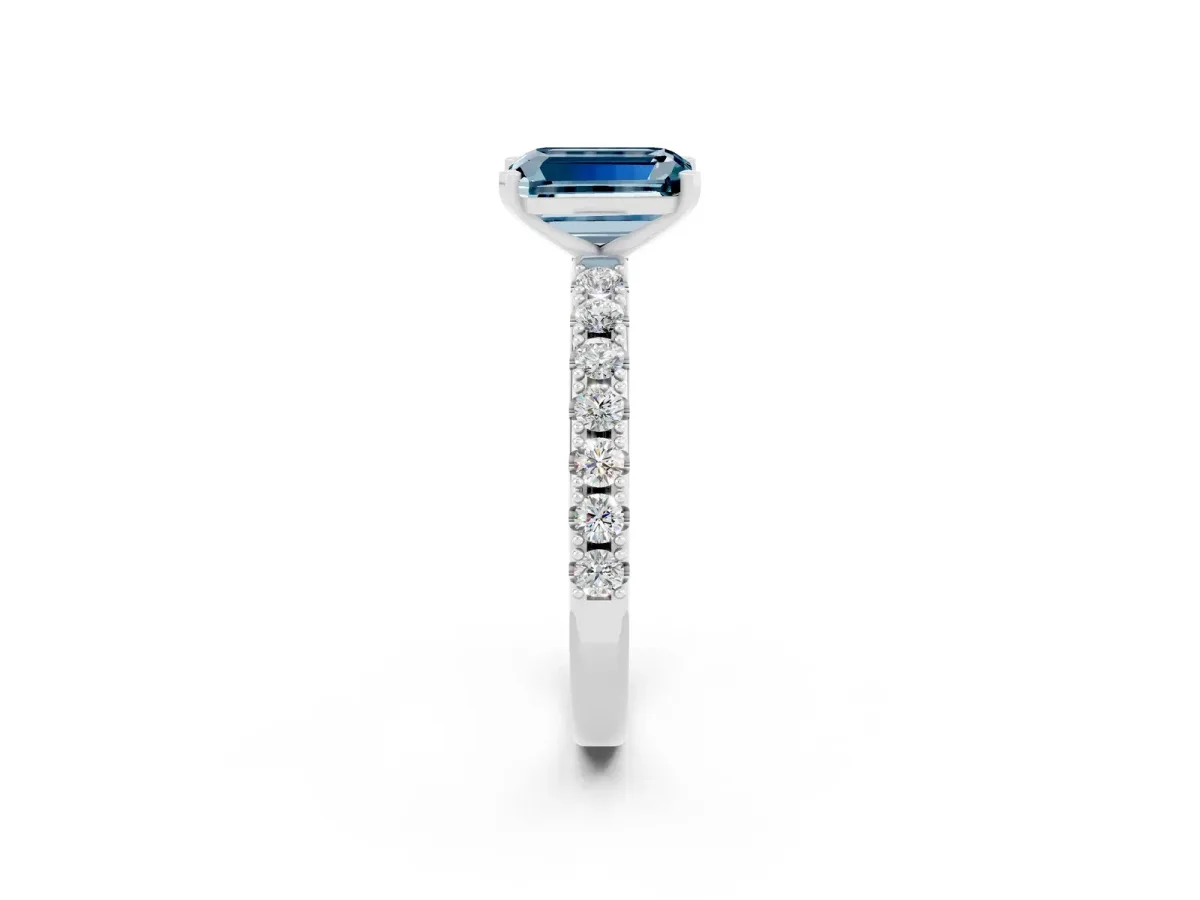 Emerald Cut Aquamarine Solitaire Pavé Band with Four-Prong Setting Silver