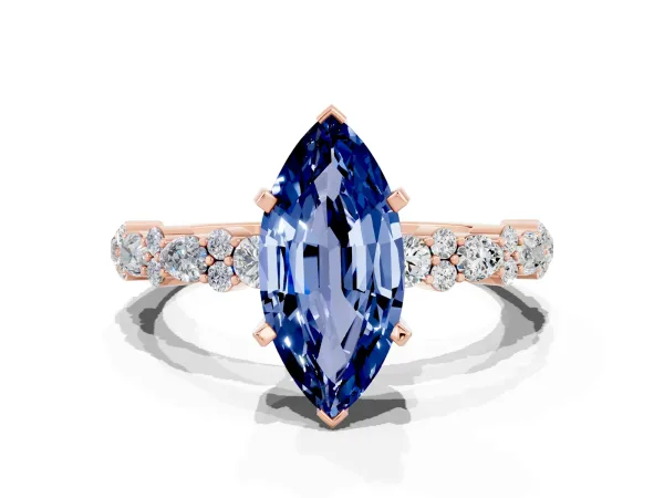 Marquise Cut Blue Sapphire Side Stone Solitaire Ring with Round and Four-Prong Setting Rose gold