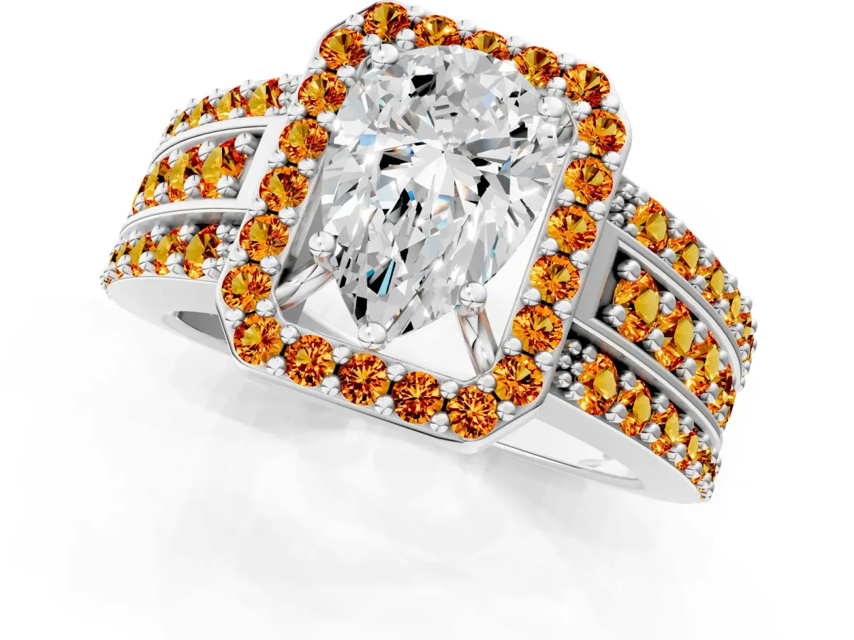 Pear Cut Halo Diamond Ring with Round Citrine Split Shank and Prong Setting Silver