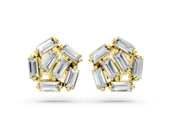 Baguette Diamond Cluster Stud Earrings Yellow gold