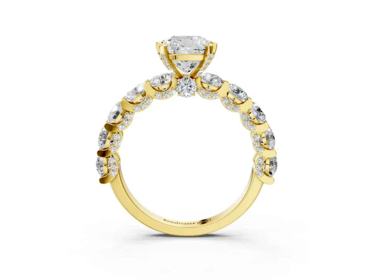 Cushion Cut Diamond Side Stone Engagement Ring with Four-Prong Setting Yellow gold