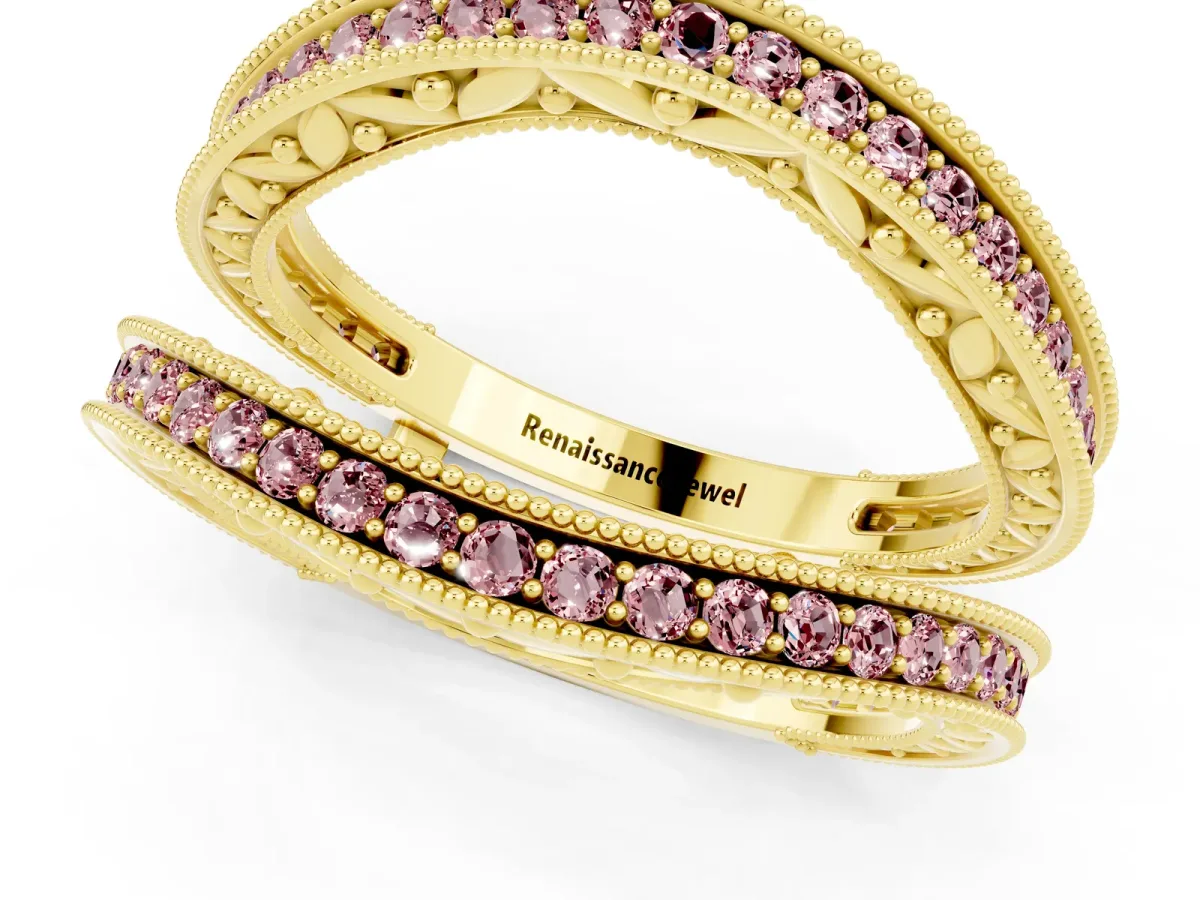 Round Morganite Milgrain Eternity Band with Channel Setting Yellow gold