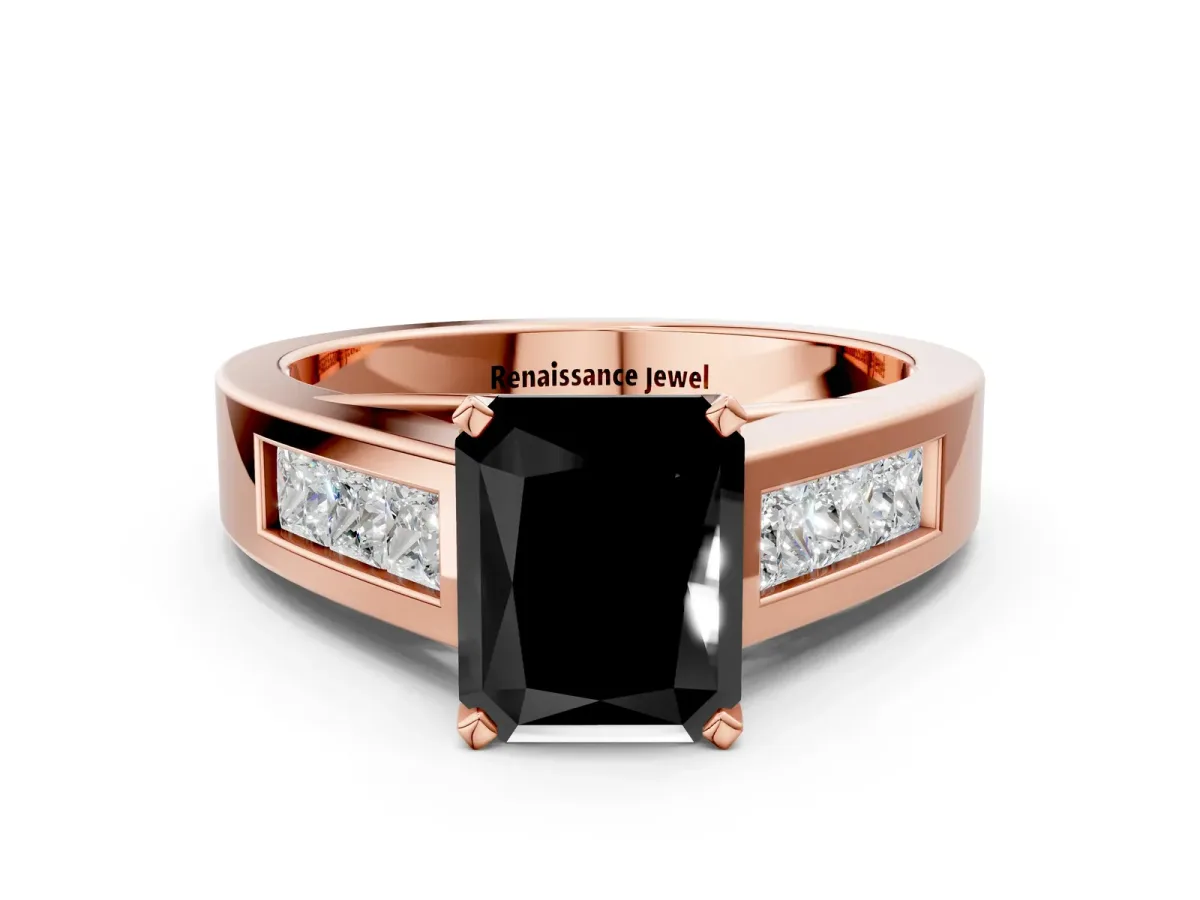 Fancy Black Radiant Cut Cut Channel Set Solitaire Ring with Four-Prong Setting Rose gold
