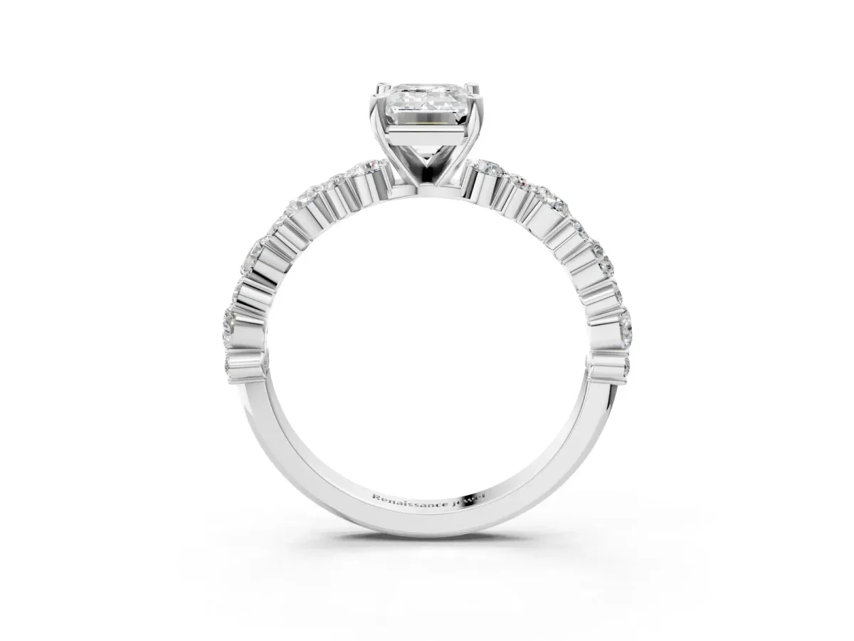 Emerald Cut Diamond Side Stone Solitaire Ring with Round and Four-Prong Setting White gold
