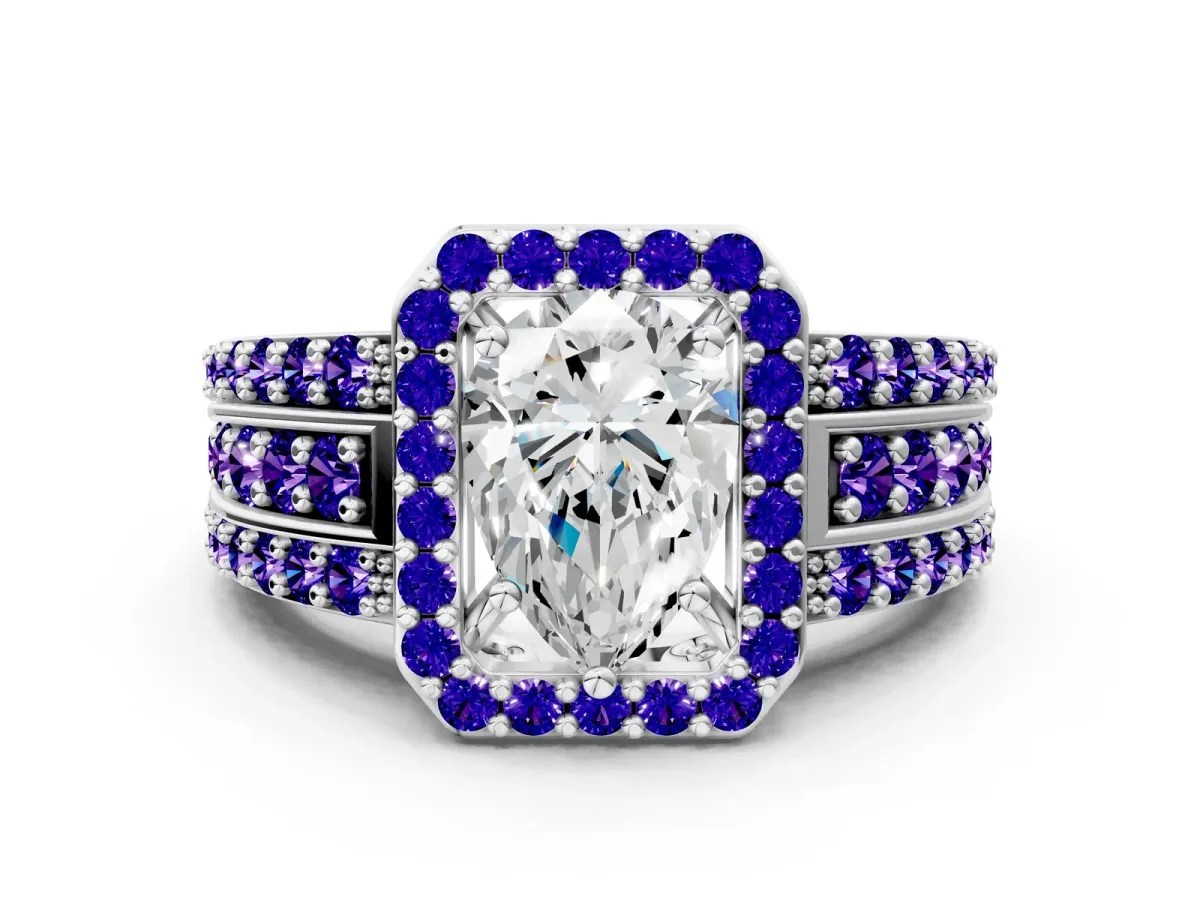 Pear Cut Halo Diamond Ring with Round Tanzanite Split Shank and Prong Setting Platinum