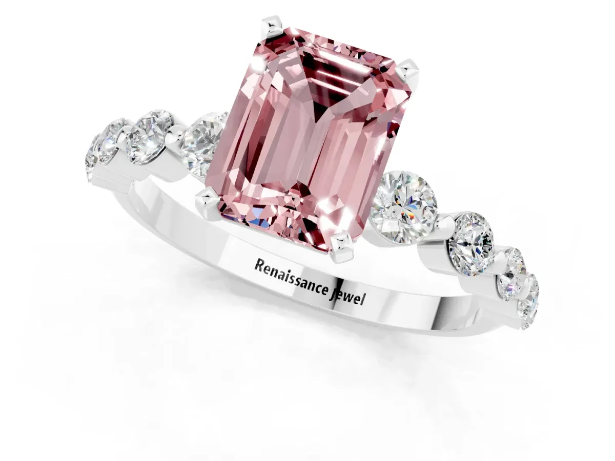 Emerald Cut Solitaire Morganite Ring with Pave Band and Four-Prong Setting Silver