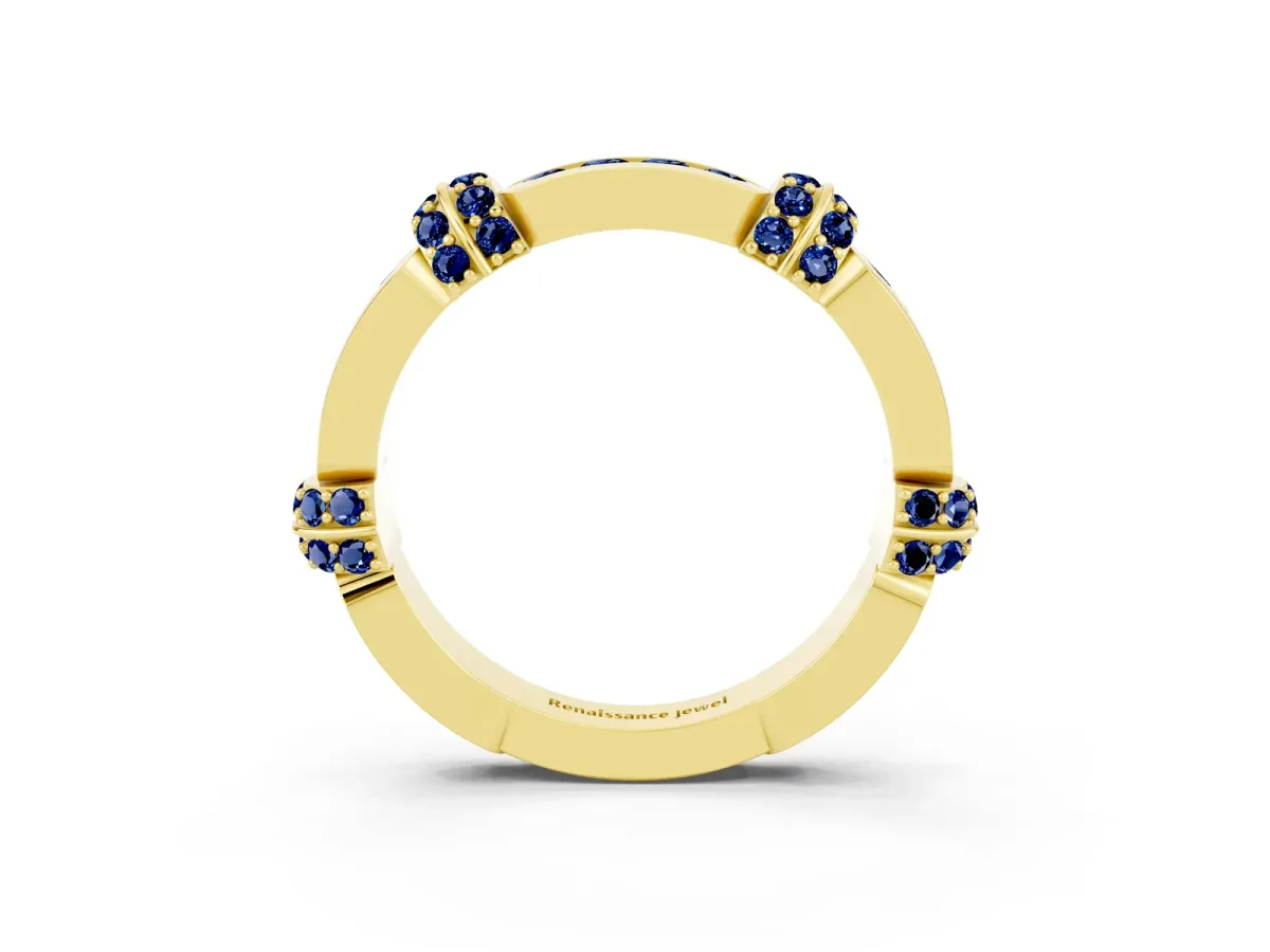 Pavé Round Blue Sapphire Link Band with Bezel Setting Yellow gold