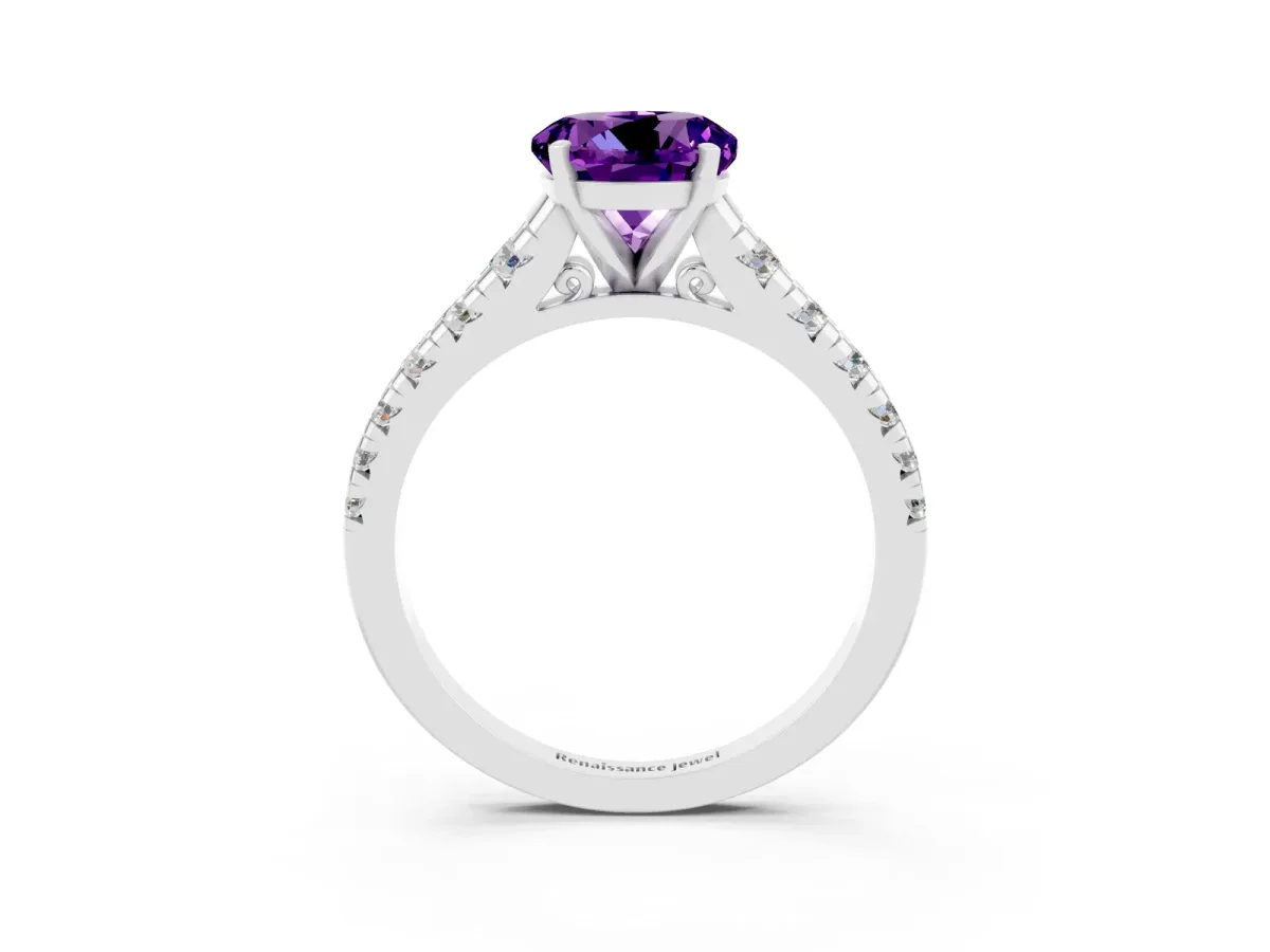 Round Cut Amethyst Cathedral Solitaire Ring with Round Pavé Band Silver