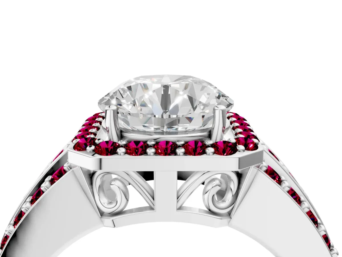 Round Cut Halo Diamond Ring with Round Garnet Split Shank and Prong Setting Platinum