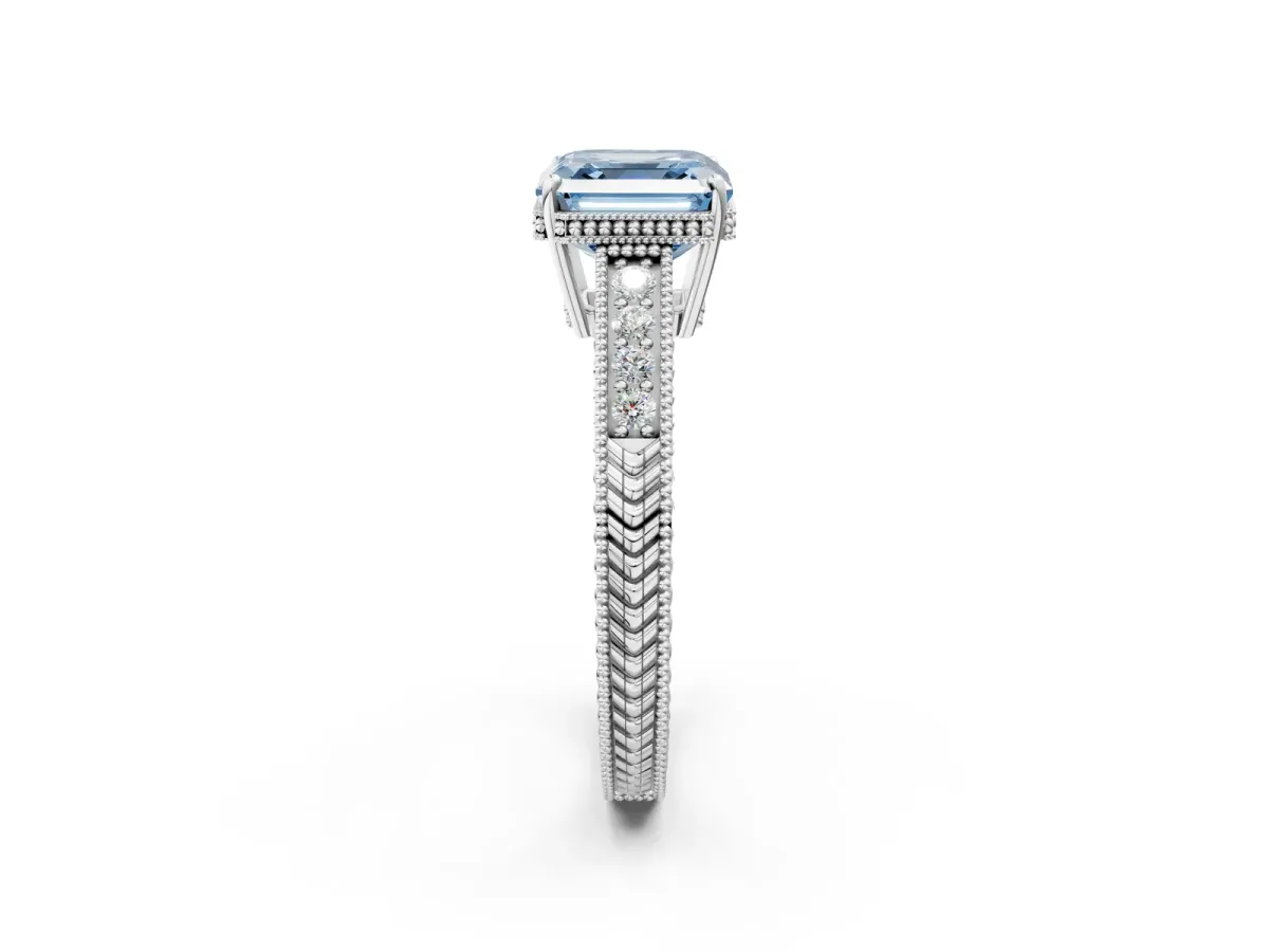 Fancy Blue Asscher Cut Cut Diamond Milgrain Pave Band Four-Prong Setting Ring Platinum