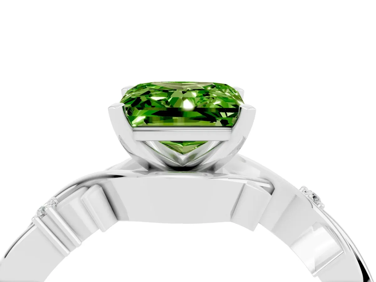 Princess Cut Peridot Solitaire Ring with Twisted Band and Prong Setting Platinum