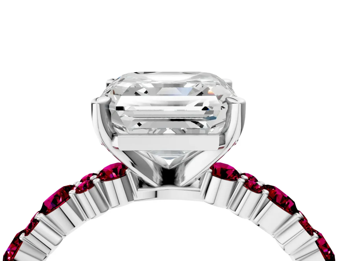 Asscher Cut Diamond Side Stone Solitaire Ring with Round Garnet and Four-Prong Setting Silver