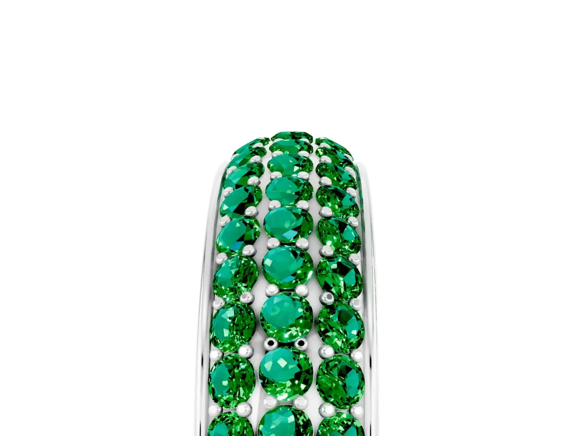 Three-Row Round Emerald Eternity Band with Shared Prong Setting Platinum