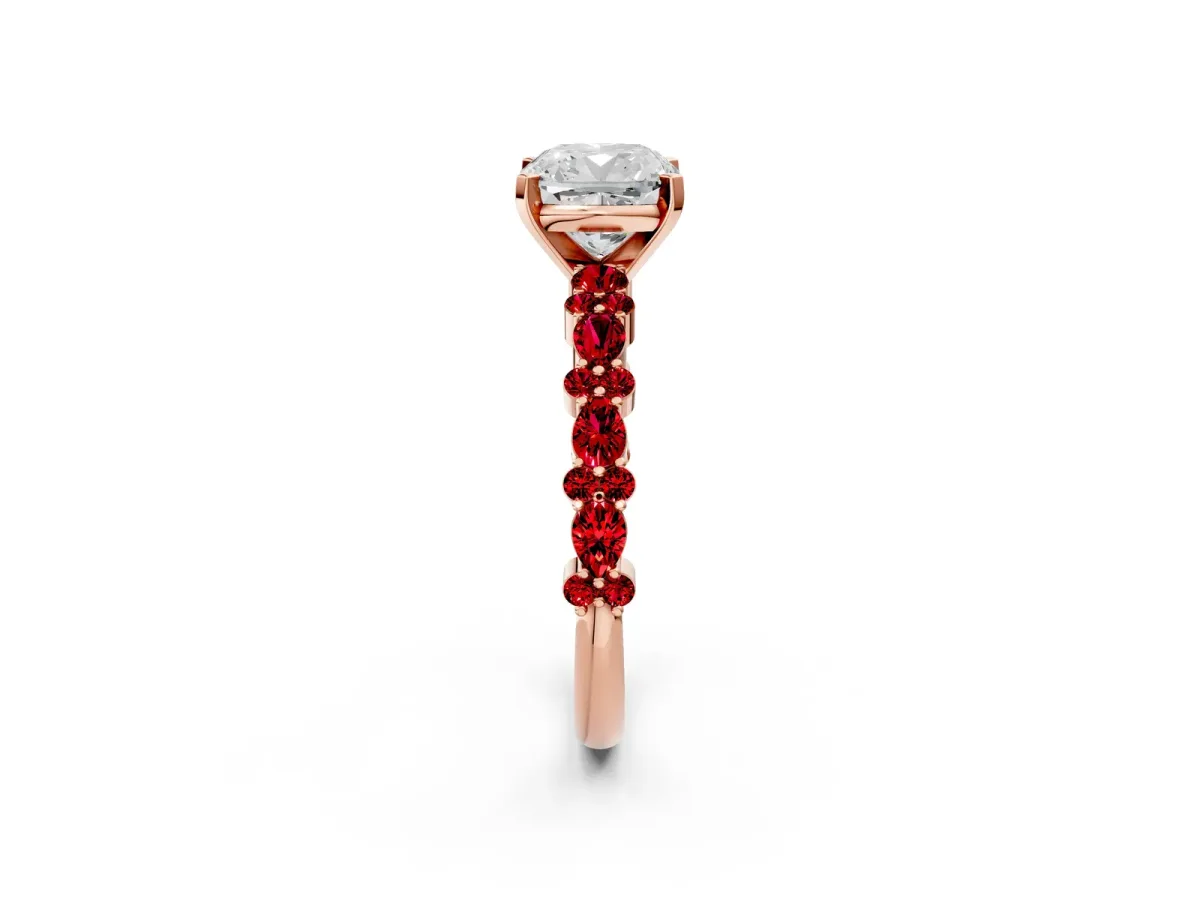 Cushion Cut Diamond Side Stone Solitaire Ring with Round Ruby and Four-Prong Setting Rose gold