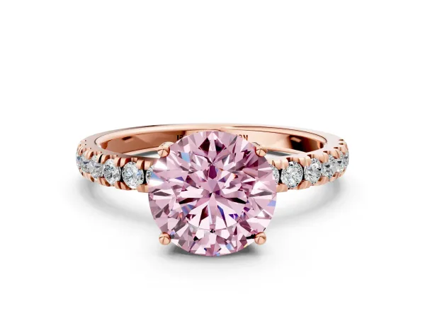 Fancy Pink Round Cut Diamond Pave Band Solitaire Ring with Round and Prong Setting Rose gold