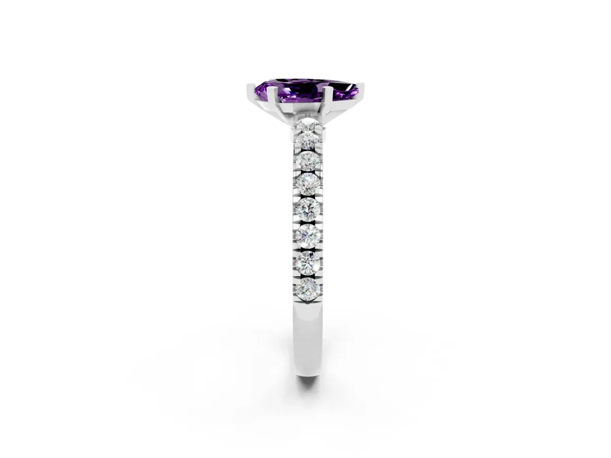 Pear Cut Solitaire Amethyst with Pavé Band and Four-Prong Setting Platinum
