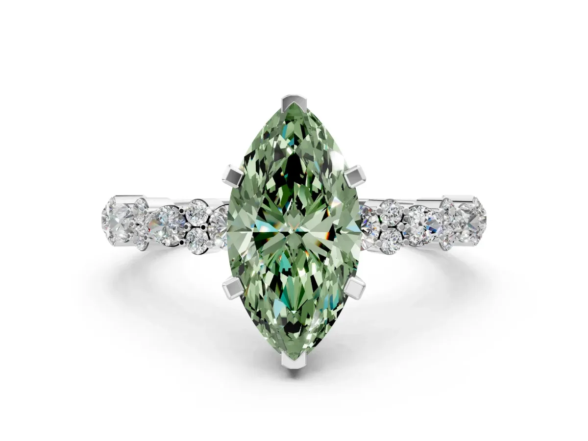 Fancy Green Marquise Cut Diamond Side Stone Solitaire Ring with Round and Four-Prong Setting Platinum