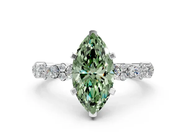 Fancy Green Marquise Cut Diamond Side Stone Solitaire Ring with Round and Four-Prong Setting White gold