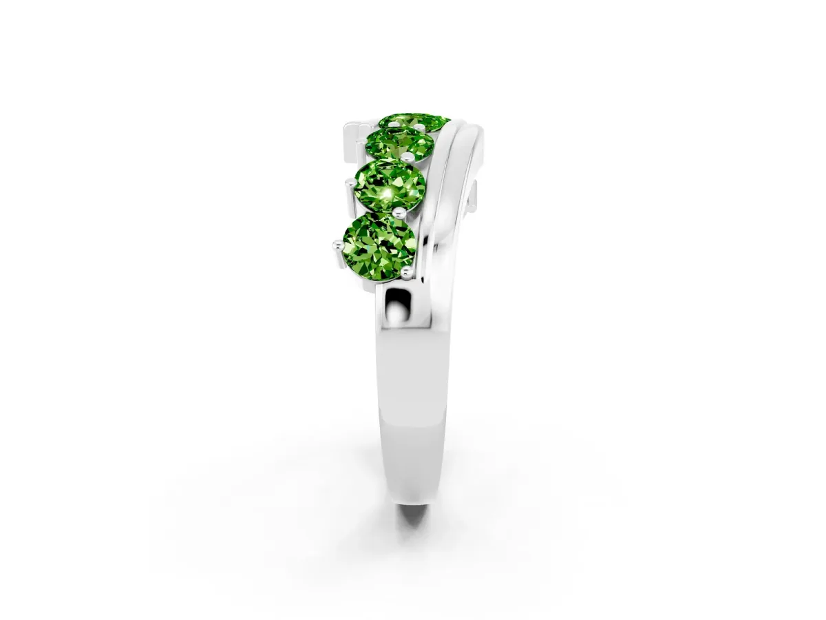 Round Peridot Wave Band with Channel and Shared Prong Setting Platinum