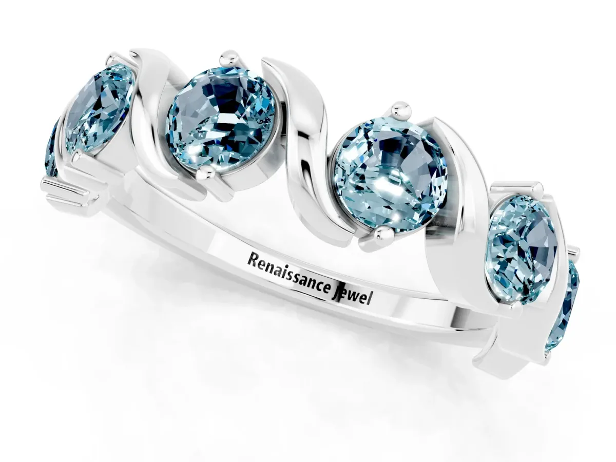 Round Aquamarine Half Eternity Band with Wave Prong Setting Platinum