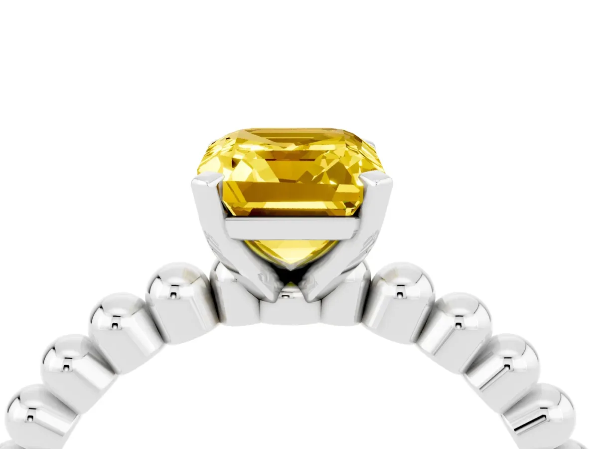 Emerald Cut Yellow Sapphire Solitaire Ring with Beaded Band and Prong Setting Silver