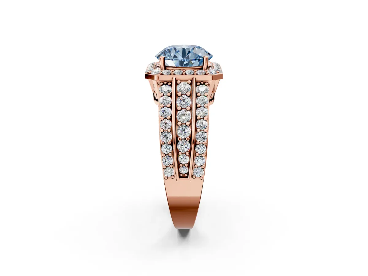 Fancy Blue Round Cut Halo Diamond Ring with Round Split Shank and Prong Setting Rose gold