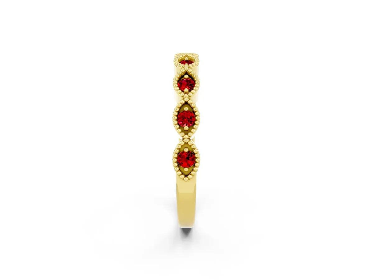 Milgrain Marquise Ruby Half Eternity Band with Bezel Setting Yellow gold