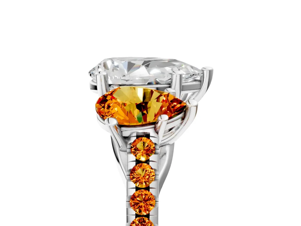 Three-Stone Pear Cut Diamond Ring with Round Citrine Pavé Band and Prong Setting Platinum