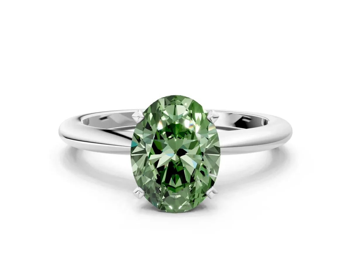 Fancy Green Oval Cut Diamond Solitaire Ring with Six-Prong Setting and Classic Band Silver
