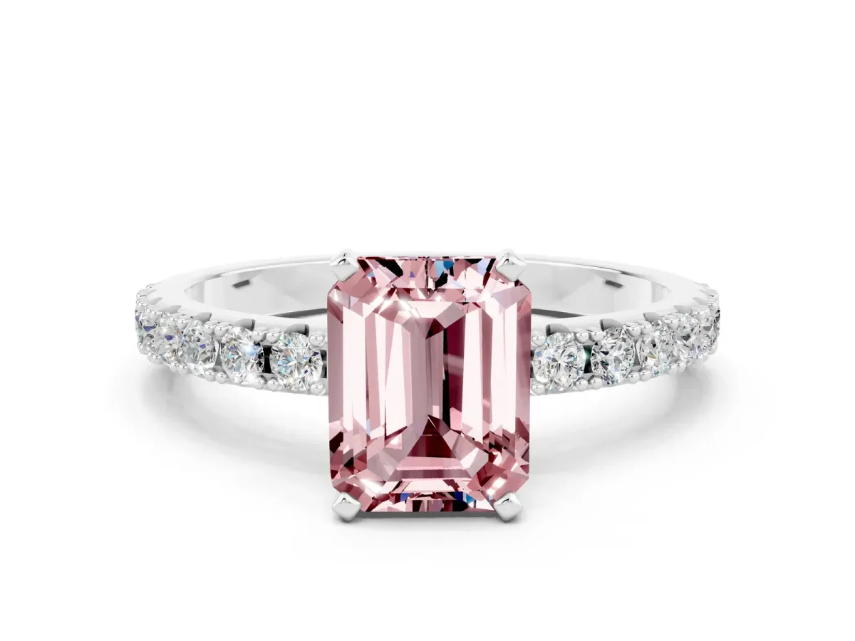 Emerald Cut Morganite Solitaire Pavé Band with Four-Prong Setting Platinum