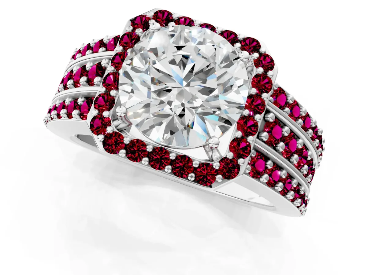 Round Cut Halo Diamond Ring with Round Tanzanite Split Shank and Prong Setting Platinum