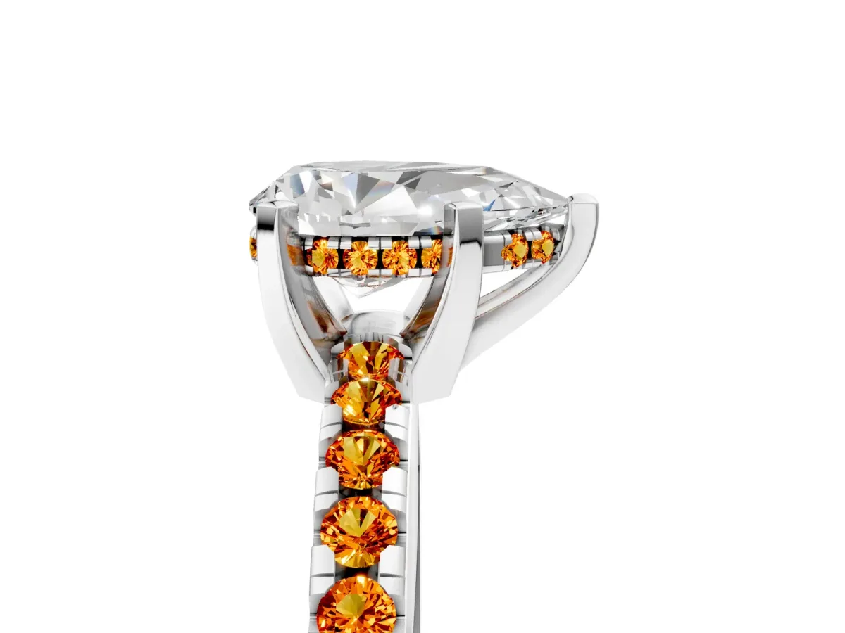 Pear Cut Diamond Solitaire Ring with Round Citrine Pavé Band and Four-Prong Setting Silver