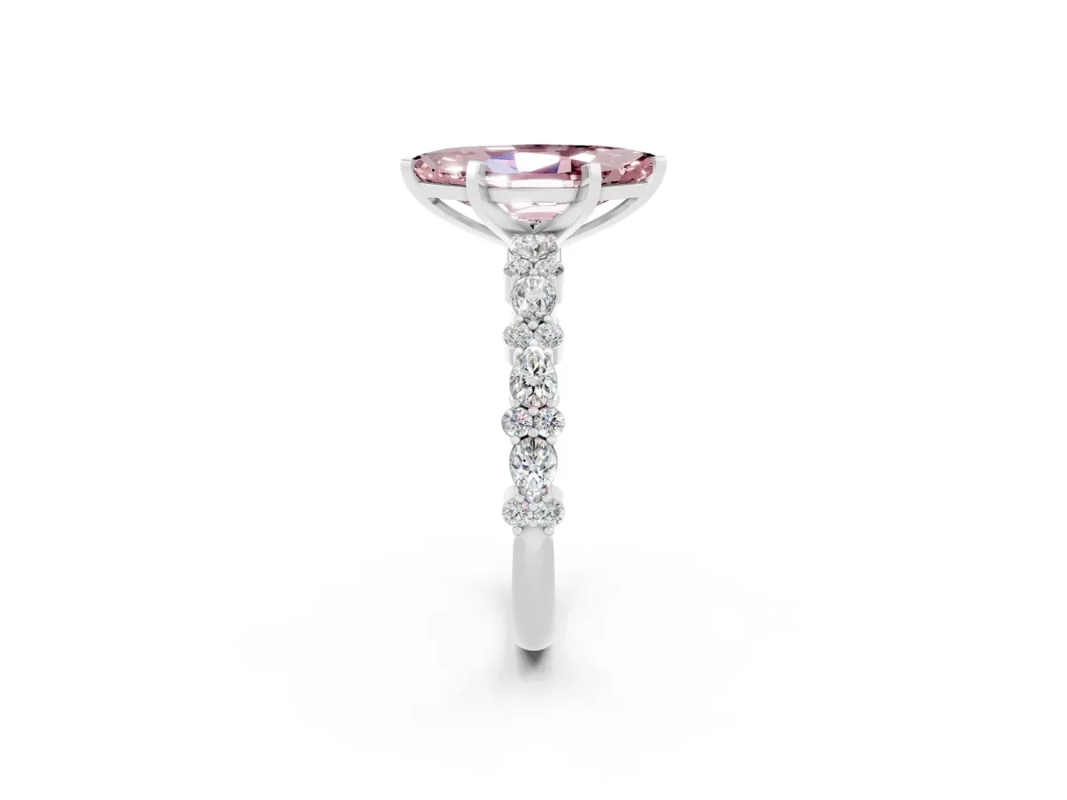 Marquise Cut Morganite Side Stone Solitaire Ring with Round and Four-Prong Setting Silver