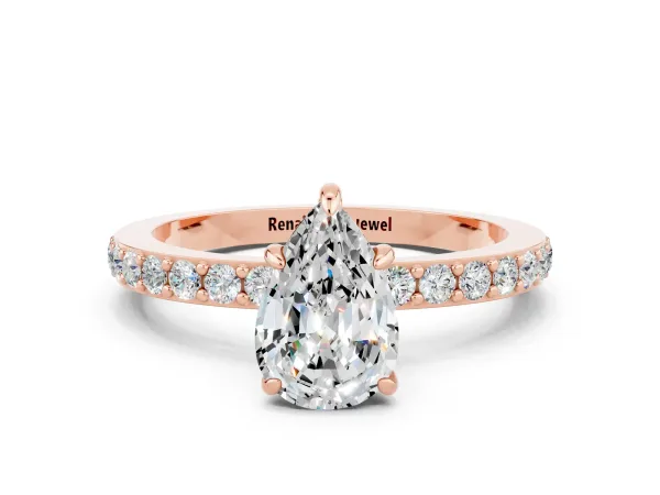 Pear Cut Moissanite Solitaire Engagement Ring with Pavé Band and Four-Prong Setting Rose gold