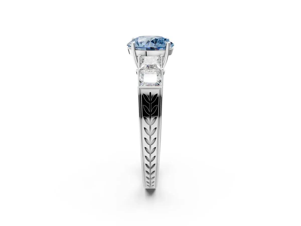 Fancy Blue Round Cut Solitaire Princess Side Stone Engraved Band Prong Setting Ring Silver