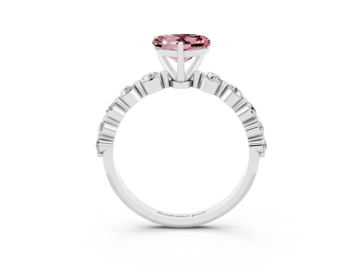Heart Cut Solitaire Morganite Ring with Pave Band and Four-Prong Setting Silver