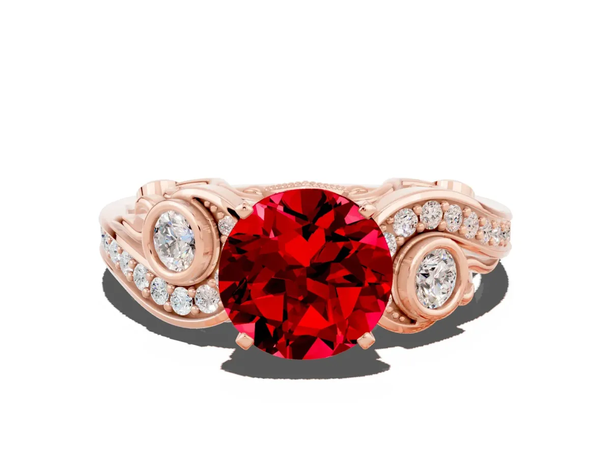 Round Cut Ruby Solitaire Ring with Milgrain Pavé Band and Four-Prong Setting Rose gold