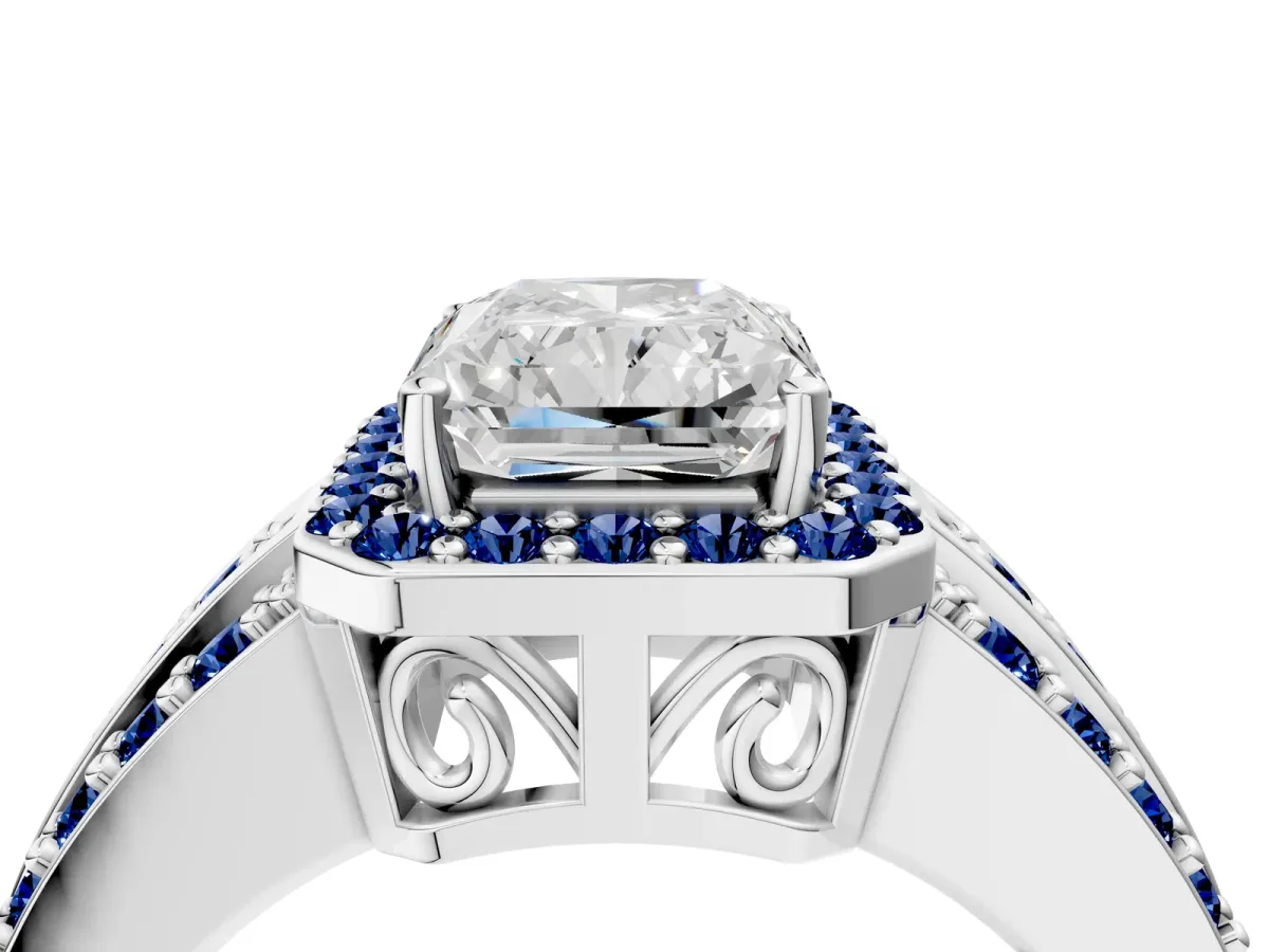 Radiant Cut Halo Diamond Ring with Round Blue Sapphire Split Shank and Prong Setting Silver