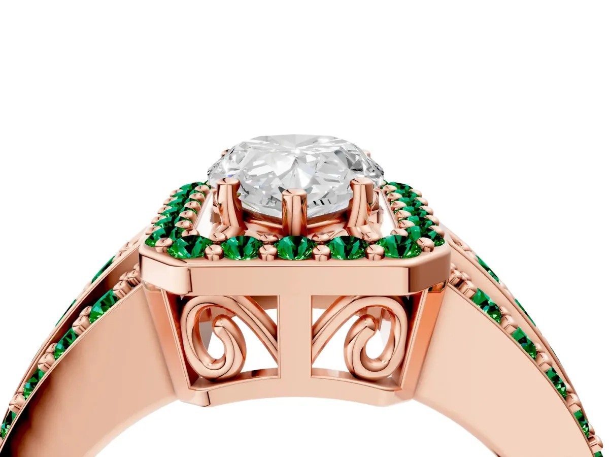 Pear Cut Halo Diamond Ring with Round Emerald Split Shank and Prong Setting Rose gold