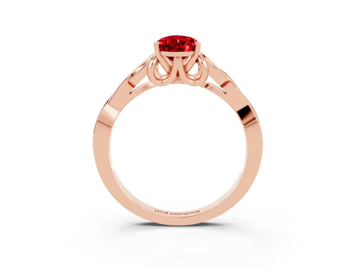 Pear Cut Ruby Solitaire Celtic Knot Ring with Four-Prong Setting Rose gold