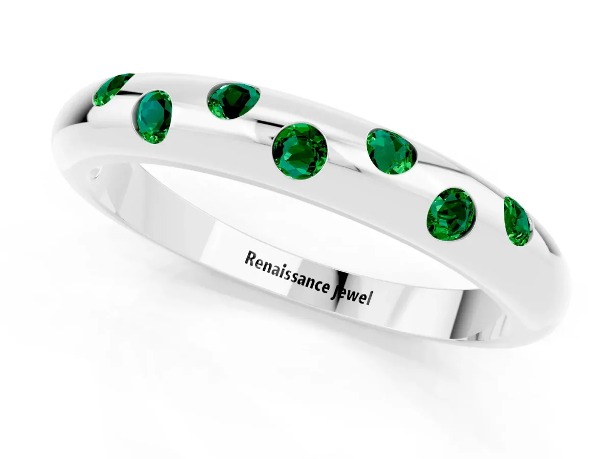 Round Emerald Flush-Set Comfort Fit Band Silver