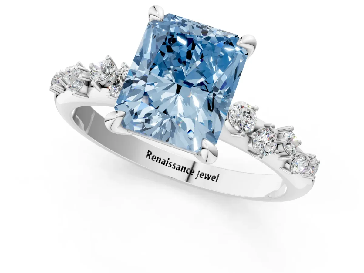Fancy Blue Radiant Cut Cut Diamond Vine Band with Four-Prong Setting Platinum